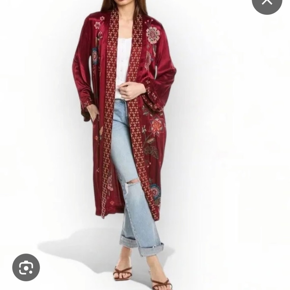 Johnny Was Burgundy Floral long Kimono coat messine, size M